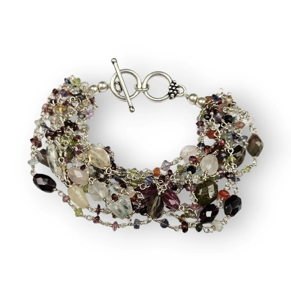 Assorted Gemstone Multi Chain Bracelet Colorful Bead Silver Plated 7.5